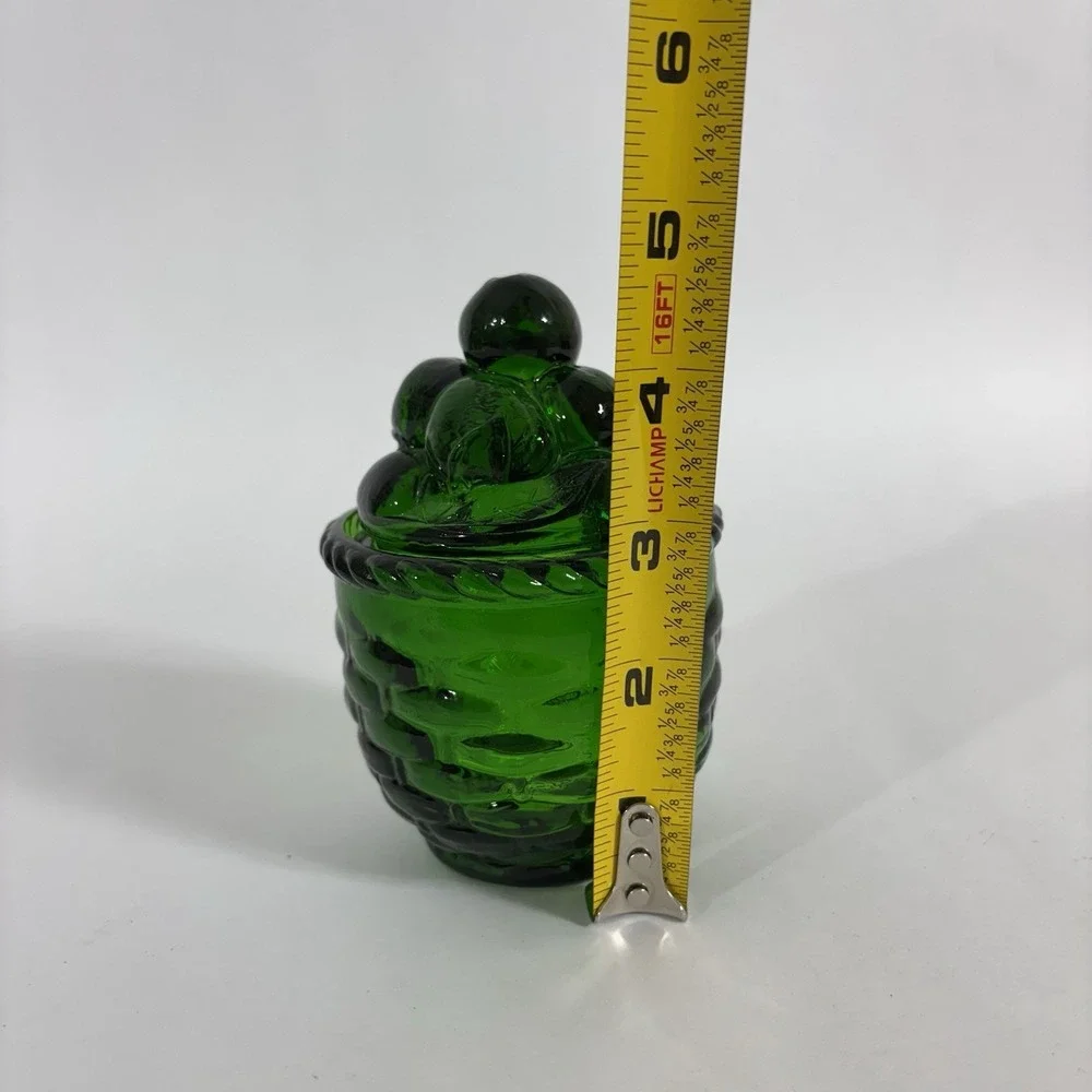 VTG Green‎ Glass Strawberry Basket Lidded Jelly Jam Jar With Spoon Slot Enesco